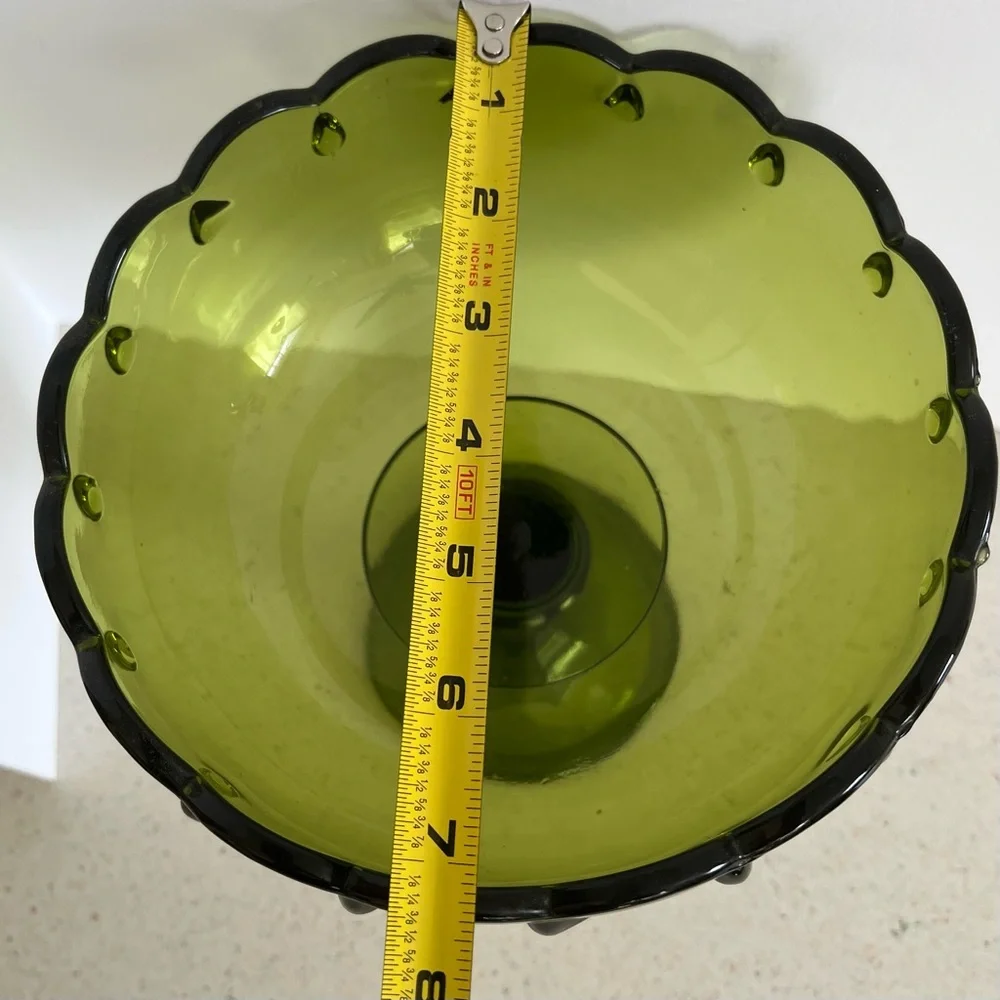 Vintage Pedestal Olive Green Indiana Glass Compote Candy Dish Bowl 7.5” X 7.5”